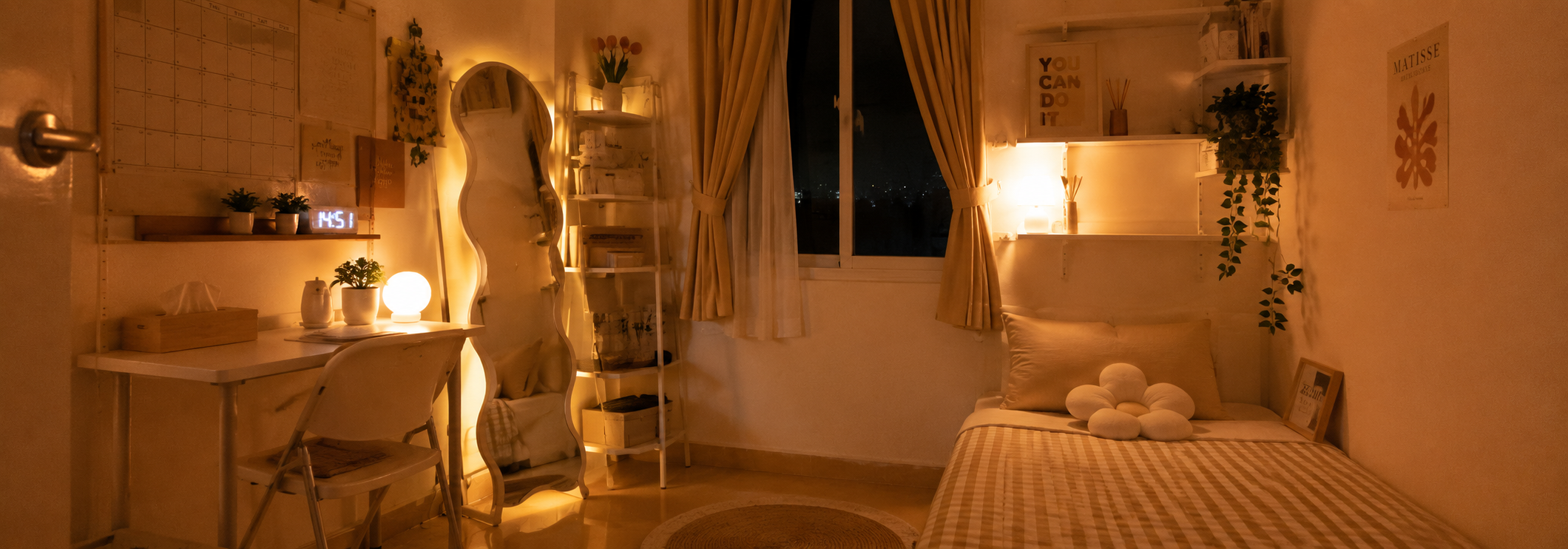 Kamar kos dengan pencahayaan LED hangat dan dekorasi minimalis estetik
